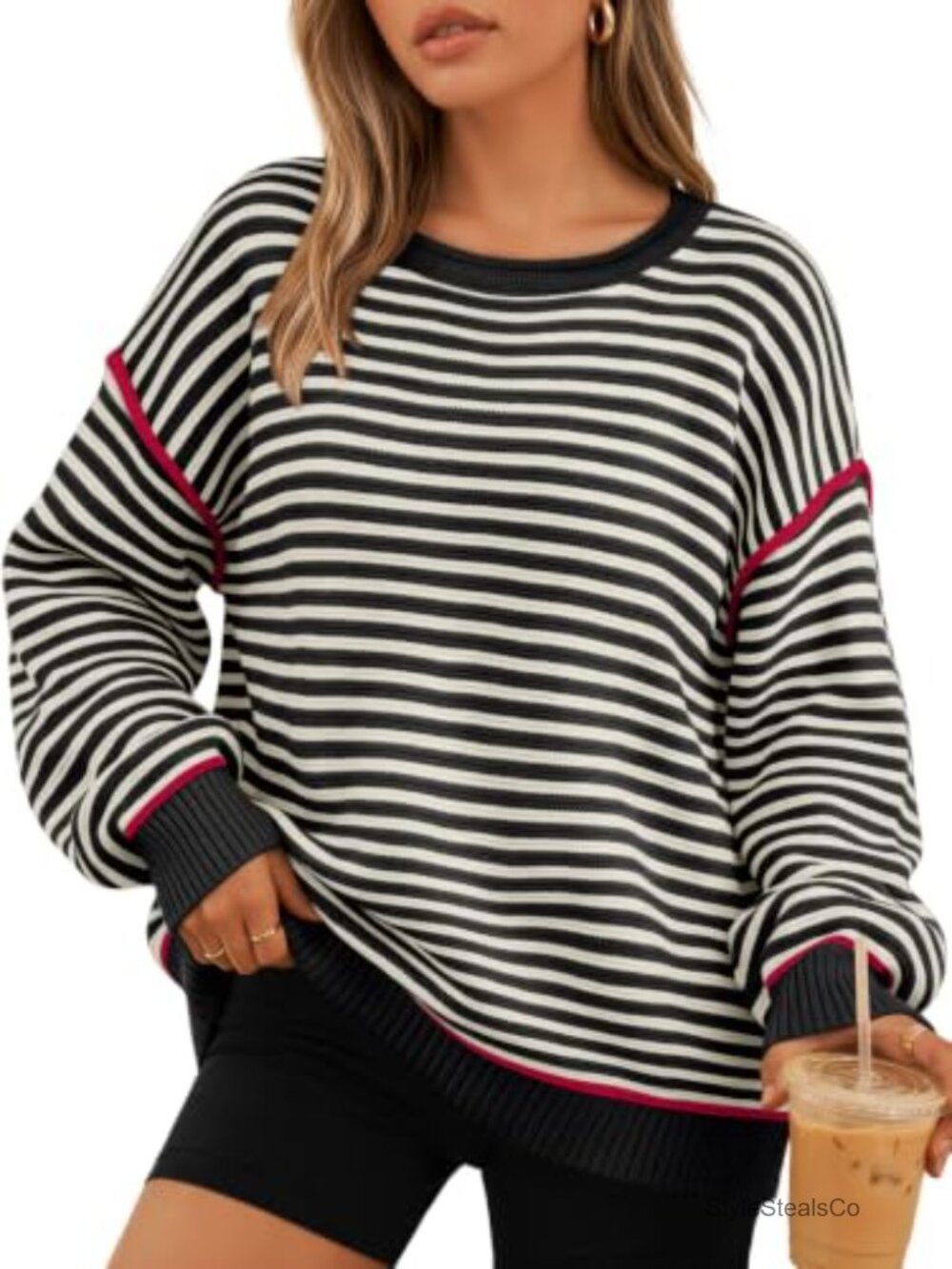Striped Oversized Pullover Sweater Long Sleeve Cotton Blend